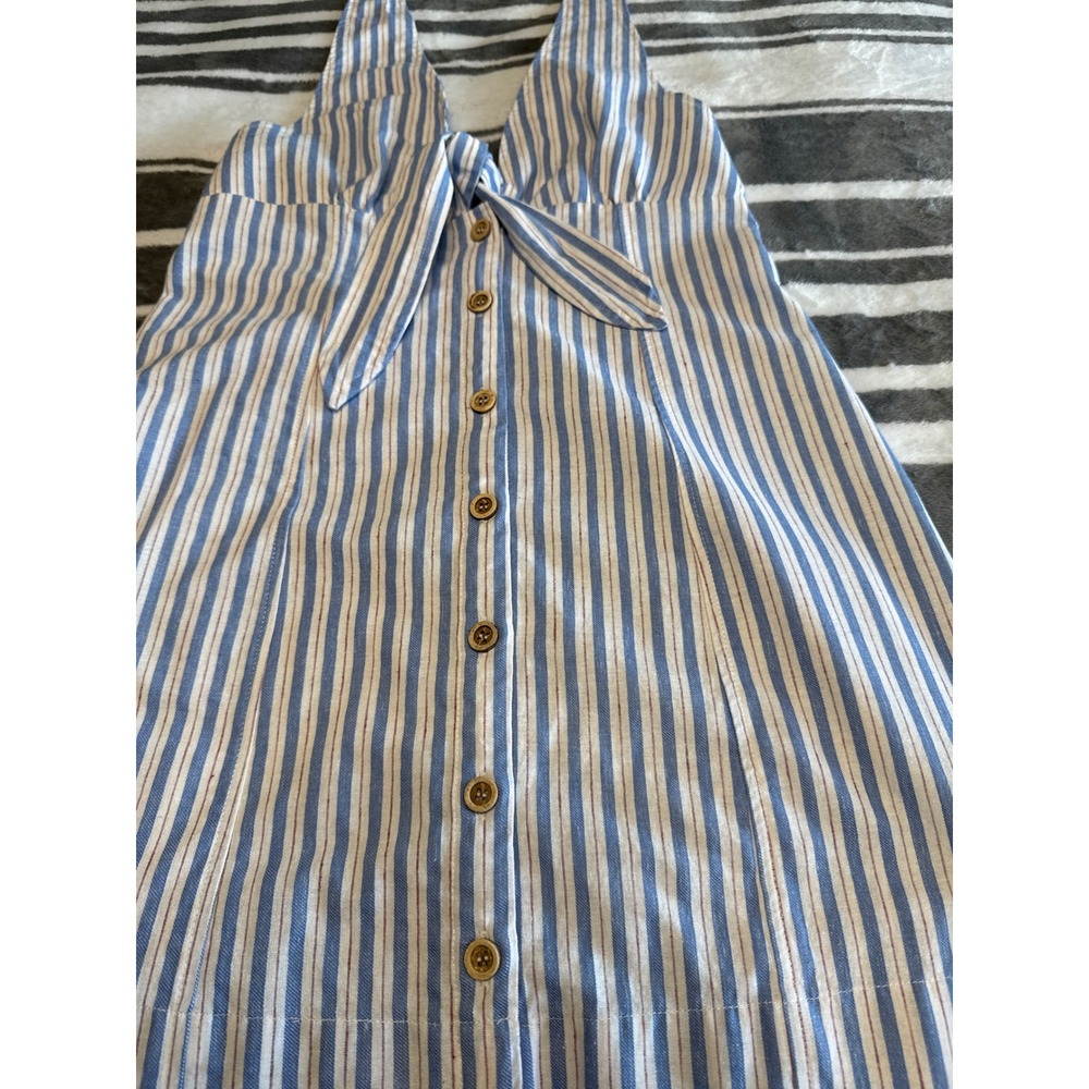 Blue Striped Linen Blend Tie Front Mini Dress Smocked Back Coastal Preppy Beach - Picture 4 of 11